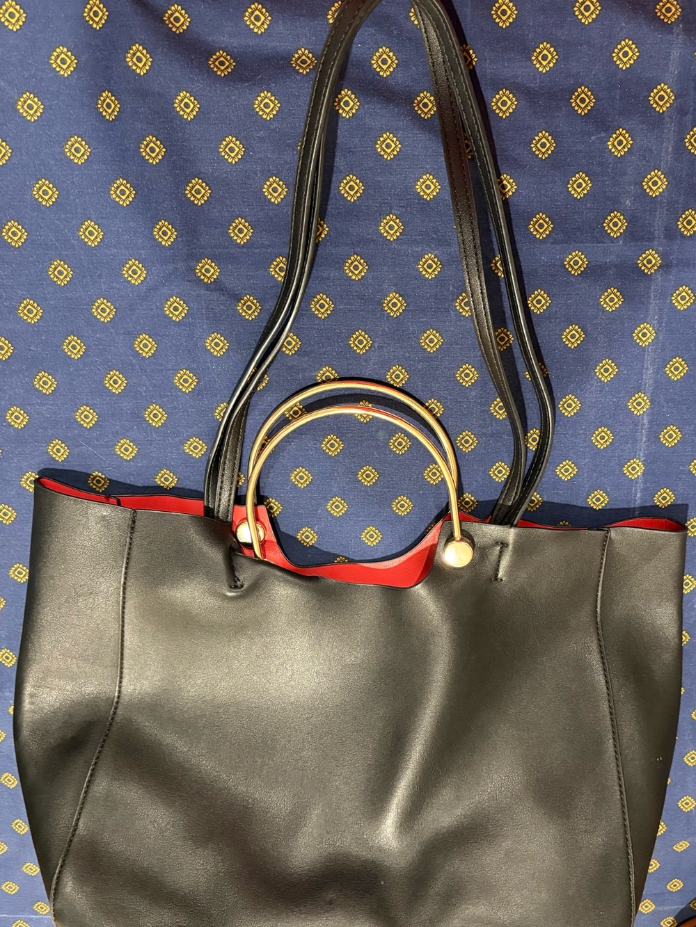 Black and Red Women's Tote Bag with Gold Ring Handles